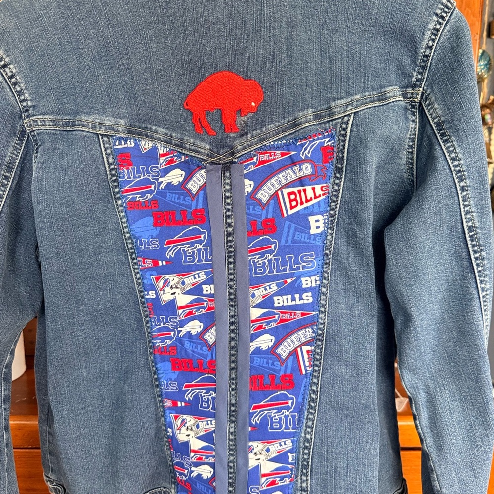 Up-cycled Buffalo Bills Jean jacket. Tag says XL but fits more like a large